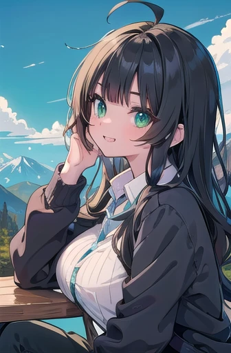 (masterpiece:1.2), (Highest quality:1.2), Upper Body, Perfect Eyes, Perfect Face, Perfect lighting, Mountain Horizon, 1 girl, Long black hair,Big Breasts, Green Eyes, ((Wavy Hair)), Side braid,  Spiked Hair, Blunt bangs, , Ahoge, Cute eyes, Large Breasts , ((From the side)),From below, Mouth closed, Vivid depiction,orgasm, I was scared, Ahegao, smile+Happy, teeth, anger, From the side, Sitting, , cardigan
