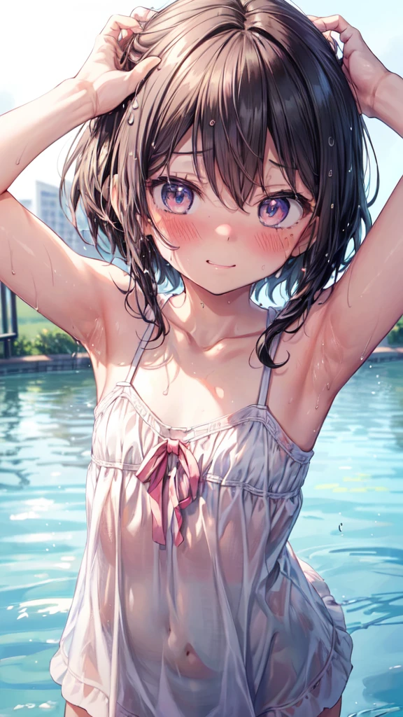(Ultra-high resolution of the highest quality, masutepiece, Best Quality, 8K, Super Detail, Best Quality:1.3), (Anatomically correct:1.3), (face shot:1.6), (1 ), (Child), (Lo(infant), (Small (flat chest), (elementary school studhort black wavy hair, bangs hair over eyes, (white camisole), in Park Fountain, funny smile, (wet:1.2), (beautiful hair, beautiful eyes, beautiful face) (face focus, human ear focus, clavicle focus, armpit focus), from side