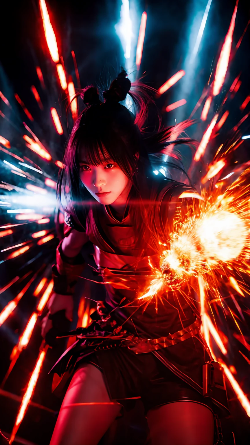 Japanese,One girl, Priestess Costume, red light effect, Dynamic light effects,explosion,inflammation,