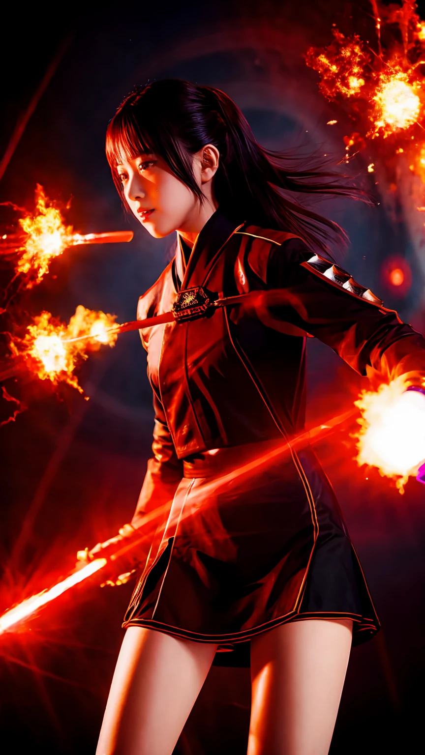 Japanese,One girl, Priestess Costume, red light effect, Dynamic light effects,explosion,inflammation,