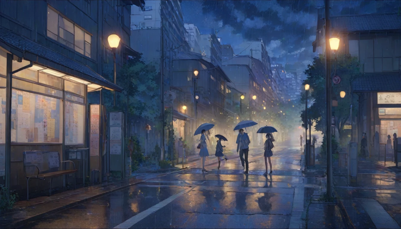 A drizzling street corner, under dim dusk null, Wet asphalt, bus stop, high school student, The girl is wet from the rain, Smiling innocently, The boy runs to pick up the girl, Offer an umbrella to a girl, buildings and street lights in background with details as seen in Makoto Shinkai's works, bus stop, PEAnimeBG, City Street, landscape, background, animation, null, masterpiece, High resolution, 4K Acetate, detailed