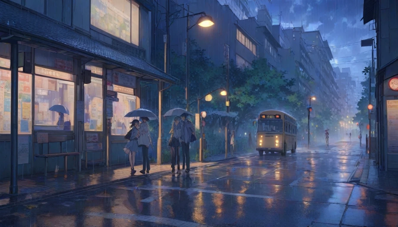 A drizzling street corner, under dim dusk null, Wet asphalt, bus stop, high school student, The girl is wet from the rain, Smiling innocently, The boy runs to pick up the girl, Offer an umbrella to a girl, buildings and street lights in background with details as seen in Makoto Shinkai's works, bus stop, PEAnimeBG, City Street, landscape, background, animation, null, masterpiece, High resolution, 4K Acetate, detailed