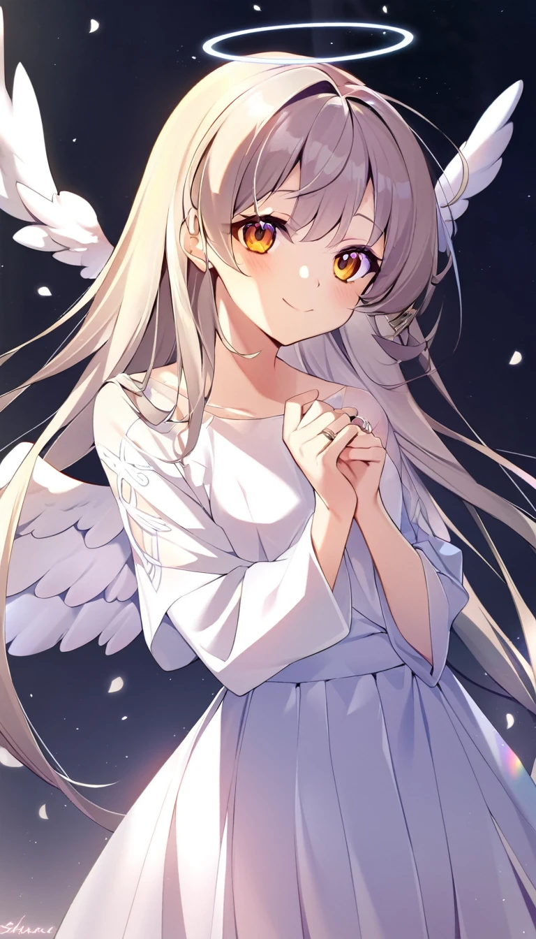 one girl, angel, angel wing, angel ring, sacred, cute, naive, pure white angel, 18 years old, beautiful