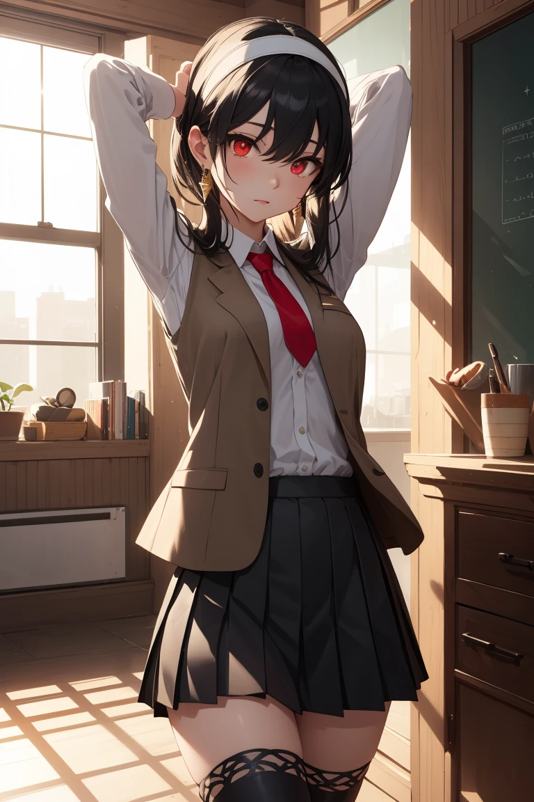 bbyorf, short hair with long locks, white hairband, ((red eyes:1.5)), gold earrings,
BREAK (school uniform, white shirt, brown vest, long sleeves, red necktie, pleated skirt, black skirt, white thighhighs, loafers:1.2),
BREAK arms up,armpit, sweating,
BREAK (masterpiece:1.2), best quality, high resolution,NSW ,unity 8k wallpaper, (illustration:0.8), (beautiful detailed eyes:1.6), extremely detailed face, perfect lighting, extremely detailed CG, (perfect hands, perfect anatomy),