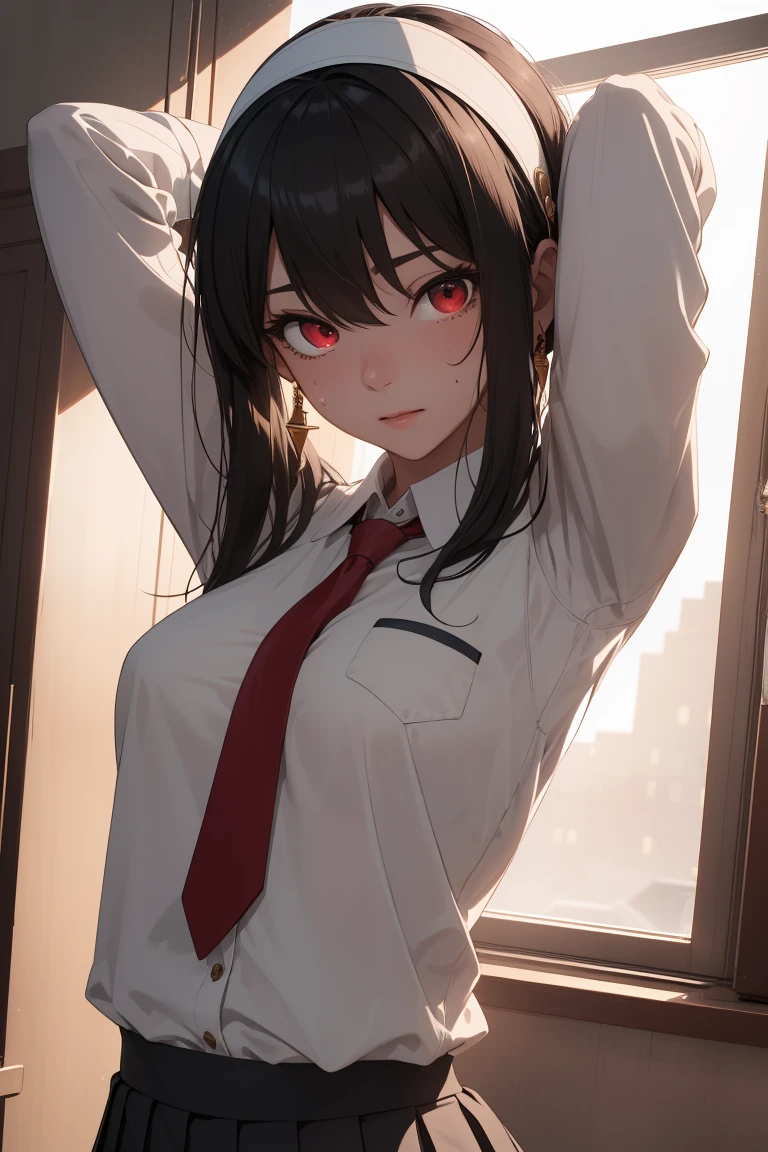 bbyorf, short hair with long locks, white hairband, ((red eyes:1.5)), gold earrings,
BREAK (school uniform, white shirt, brown vest, long sleeves, red necktie, pleated skirt, black skirt, white thighhighs, loafers:1.2),
BREAK arms up,armpit, sweating,
BREAK (masterpiece:1.2), best quality, high resolution,NSW ,unity 8k wallpaper, (illustration:0.8), (beautiful detailed eyes:1.6), extremely detailed face, perfect lighting, extremely detailed CG, (perfect hands, perfect anatomy),