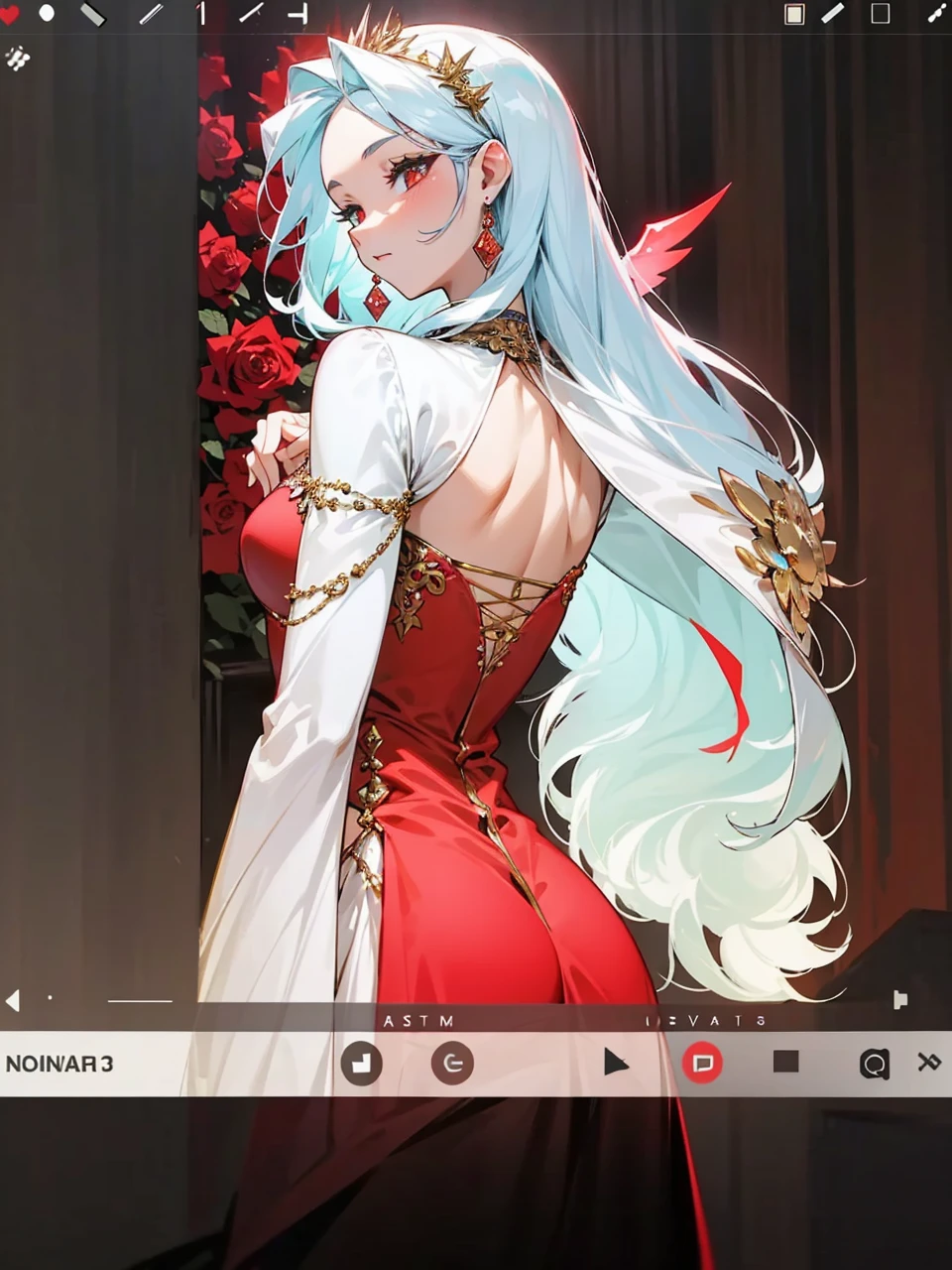 Add in roses to her dress, a good back dress design with some golden jewelry, make her dress into a red and white gown with a hat, give her some unique Jewelry, and make her look somewhat of a demonic angel like appearance to her