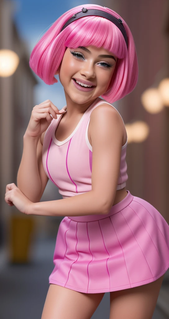 (((girl 14 years old))) ,sexly Mädchen rosa miniskirt und Spitzenstrümpfe, ((Stephanie from lazy town)) ,happy face,, Lip Gloss、smiling face eye shadow、((dramatic eyelashes))、(((Full-length portrait)))、( BH（pink))、( mini skirt（pink))、((colorful short hair（pink))), good quality, realist, Highly detailed 8k unified CG wallpaper, very detailed, professional photography, cinematic light, Beautifully detailed, Super Detail, high detailed, Depth of field, lightning, Neonstraße, Super stylish lighting ,sexly, curvy,