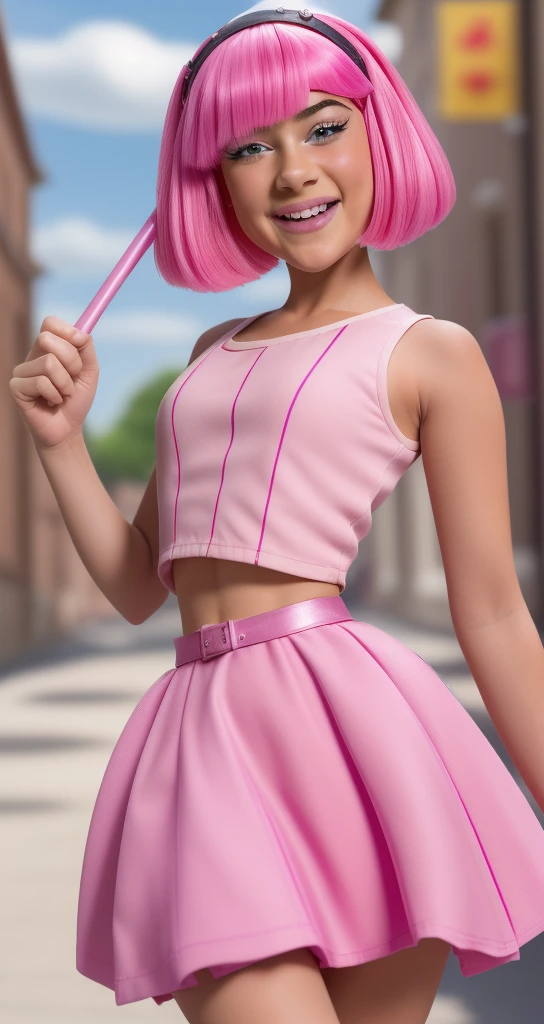(((girl ))) ,sexly Mädchen rosa miniskirt und Spitzenstrümpfe, ((Stephanie from lazy town)) ,happy face,, Lip Gloss、smiling face eye shadow、((dramatic eyelashes))、(((Full-length portrait)))、( BH(pink))、( mini skirt(pink))、((colorful short hair(pink))), good quality, realist, Highly detailed 8k unified CG wallpaper, very detailed, professional photography, cinematic light, Beautifully detailed, Super Detail, high detailed, Depth of field, lightning, Neonstraße, Super stylish lighting ,sexly, curvy,
