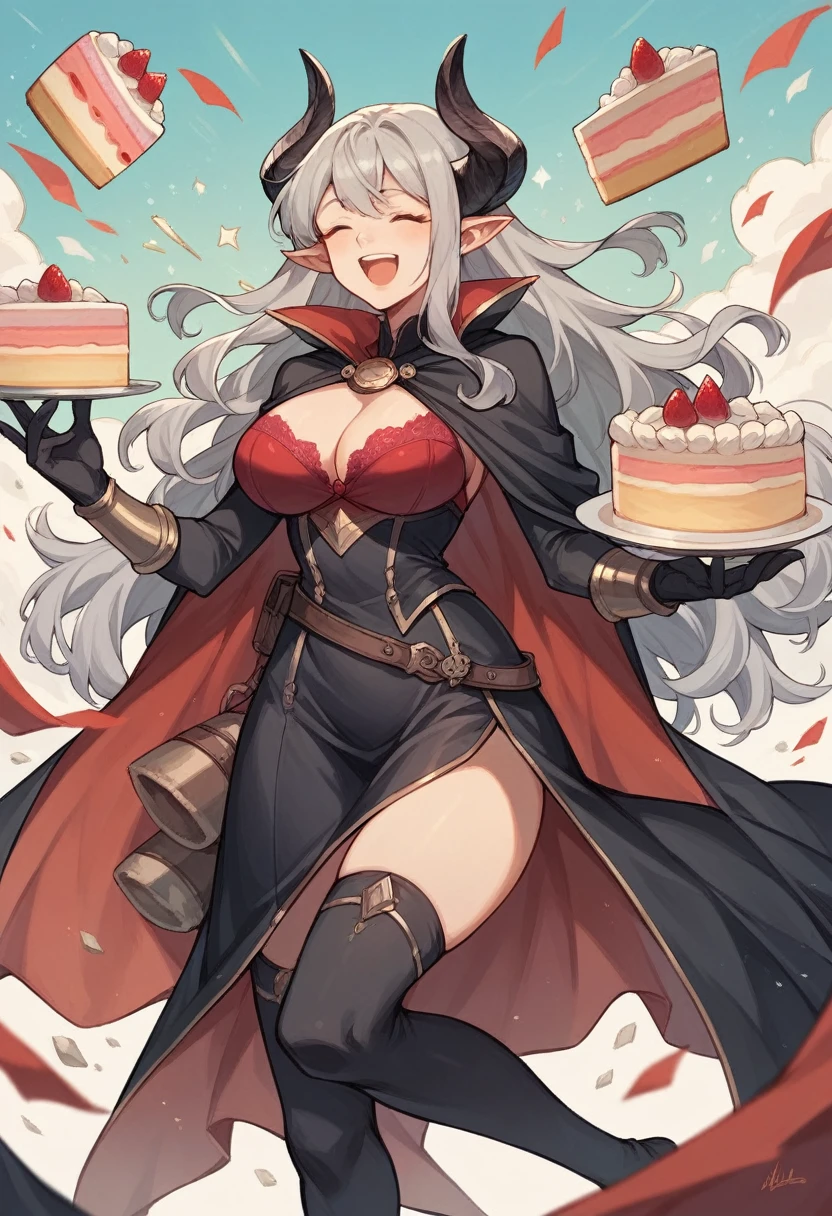 masterpiece, best quality,, GBFthalatha, black gloves, black thighhighs, cape, draph, grey hair, horns, large breasts, long hair, pointy ears, miniskirt, red bra, indoor, cake, happy, closed eyes