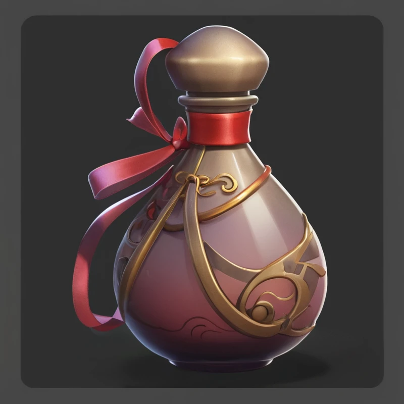 Cartoon illustration of a perfume bottle tied with a red ribbon, painting of one health Potions, Stylization的游戏艺术, Stylization的阴影, 3D rendering style, Stylization的概念艺术, Game assets, Stylization 3D, health Potions, Rendering Art, Role Playing Game Items, Stylization, object concept art, Stylization的卡通渲染, Smooth Shadows, Potions