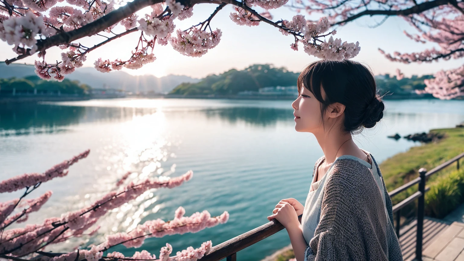 One girl,Black Hair, Floating Hair, Seaside,景color,landscape,cherry blossoms, Falling petals, Sunbeam,God's Rays,Upper Body, color,dress,kimono