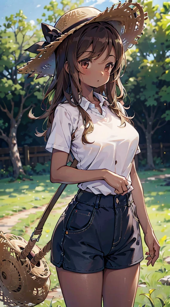 country girl，Short-sleeved shirt，Short-sleeved shirt，shorts，straw hat，Sunlight，Enthusiastic，Cheerful，Sunlight，solarised，solarised，Country Style，Brown skin，Brown skin，Coffee-colored skin，Dark skin，solarised，日式Country Style，Outdoor Background，Outdoor Background，Big breasts，Big breasts，Big Ass，Full figure