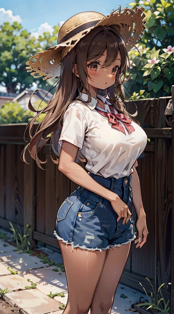 country girl，Short-sleeved shirt，Short-sleeved shirt，shorts，straw hat，Sunlight，Enthusiastic，Cheerful，Sunlight，solarised，solarised，Country Style，Brown skin，Brown skin，Coffee-colored skin，Dark skin，solarised，日式Country Style，Outdoor Background，Outdoor Background，Big breasts，Big breasts，Big Ass，Full figure