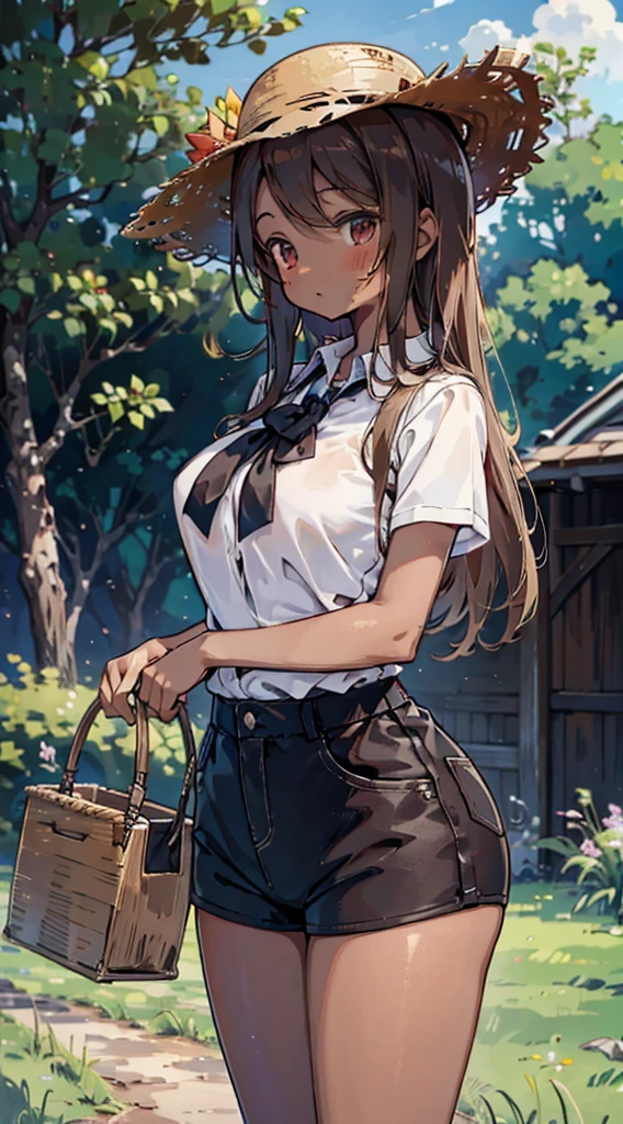 country girl，Short-sleeved shirt，Short-sleeved shirt，shorts，straw hat，Sunlight，Enthusiastic，Cheerful，Sunlight，solarised，solarised，Country Style，Brown skin，Brown skin，Coffee-colored skin，Dark skin，solarised，日式Country Style，Outdoor Background，Outdoor Background，Big breasts，Big breasts，Big Ass，Full figure