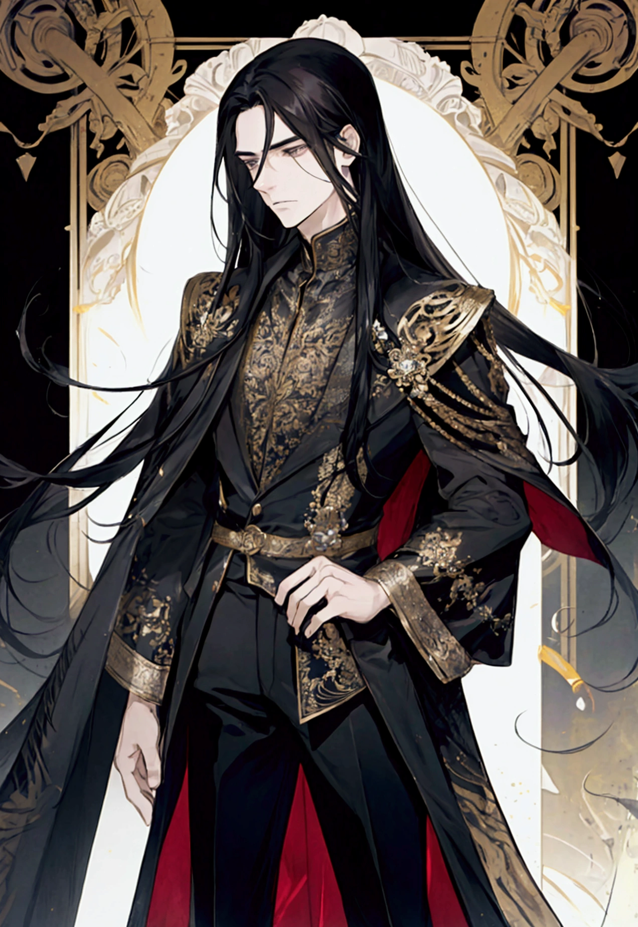homem de , long black hair, wearing and looking nervous