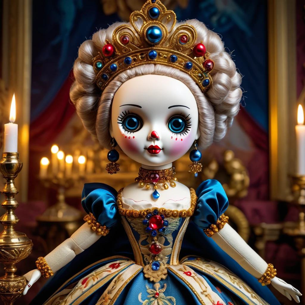 (knitted toy voodoo doll:1.7), (Voodoo Catherine the Great:1.3), (Clothing: Russian imperial attire with ornate patterns:1.0), (Accessories: enchanted crown emitting a majestic glow, floating orb:1.1), (background: grand Russian palace with opulent decor, chandeliers, and an atmosphere of enlightened absolutism:1.2), best quality, masterpiece, detailed soft oil painting, detailed background, dramatic cinematic lighting, soft edge lighting, professional, dramatic lighting, hard edge lighting, ultra quality, 4k,masterpiece, best quality, 8k, ultra highres, highres, extremely detailed