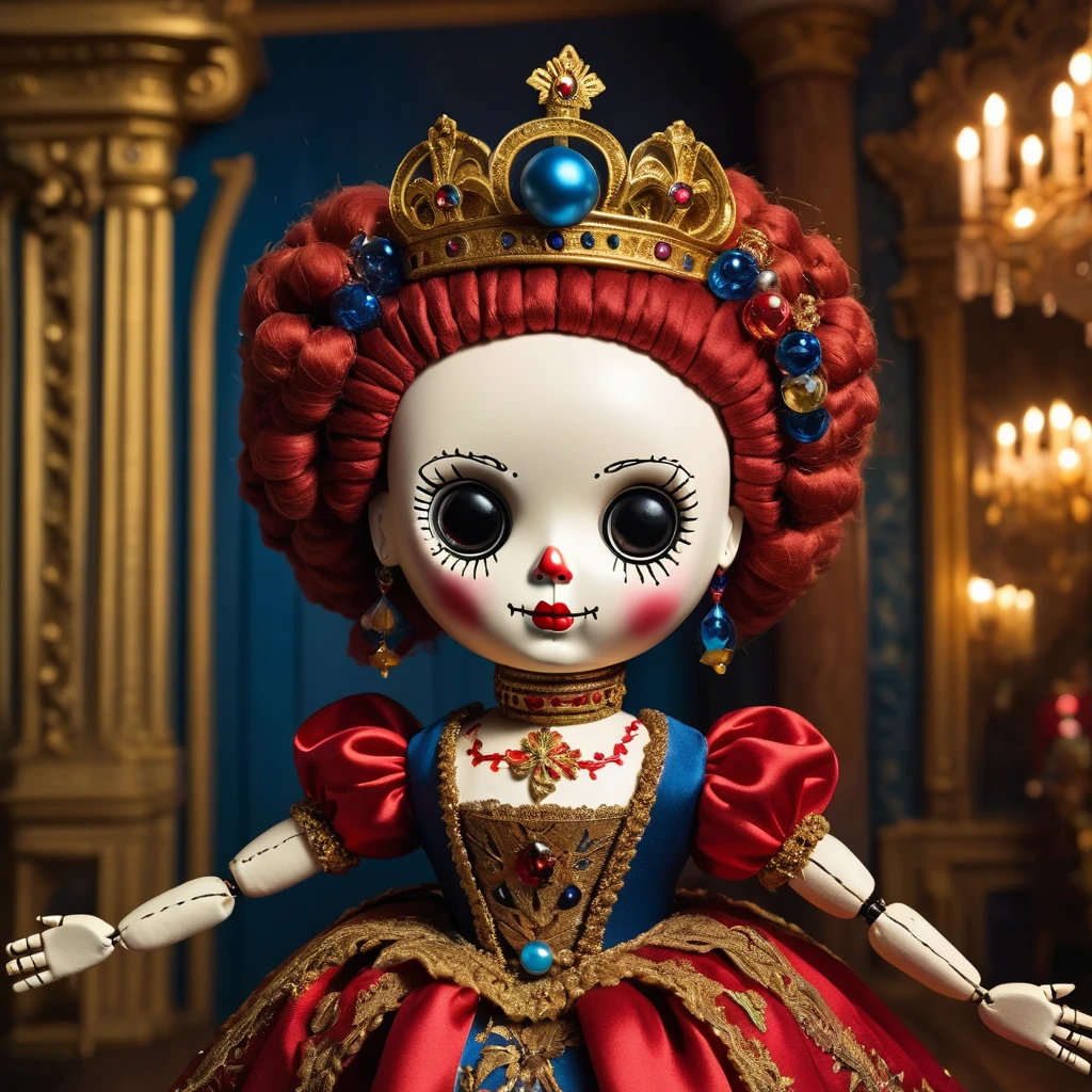 (knitted toy voodoo doll:1.7), (Voodoo Catherine the Great:1.3), (Clothing: Russian imperial attire with ornate patterns:1.0), (Accessories: enchanted crown emitting a majestic glow, floating orb:1.1), (background: grand Russian palace with opulent decor, chandeliers, and an atmosphere of enlightened absolutism:1.2), best quality, masterpiece, detailed soft oil painting, detailed background, dramatic cinematic lighting, soft edge lighting, professional, dramatic lighting, hard edge lighting, ultra quality, 4k,masterpiece, best quality, 8k, ultra highres, highres, extremely detailed