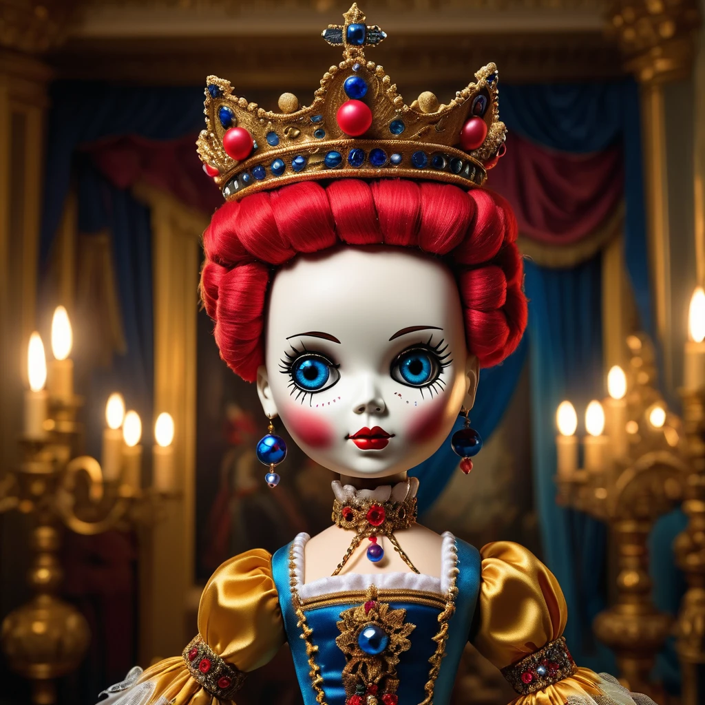 (knitted toy voodoo doll:1.7), (Voodoo Catherine the Great:1.3), (Clothing: Russian imperial attire with ornate patterns:1.0), (Accessories: enchanted crown emitting a majestic glow, floating orb:1.1), (background: grand Russian palace with opulent decor, chandeliers, and an atmosphere of enlightened absolutism:1.2), best quality, masterpiece, detailed soft oil painting, detailed background, dramatic cinematic lighting, soft edge lighting, professional, dramatic lighting, hard edge lighting, ultra quality, 4k,masterpiece, best quality, 8k, ultra highres, highres, extremely detailed