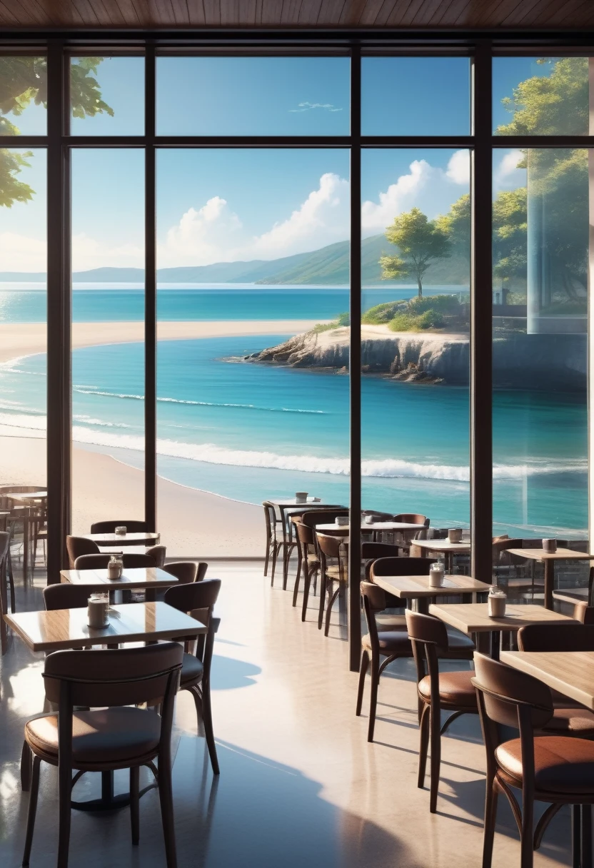 A beautiful cafe with glass window overlooking a calm seashore. With tables and chairs that can be seated in the outside. A peaceful scenery In 8k ultra high definition