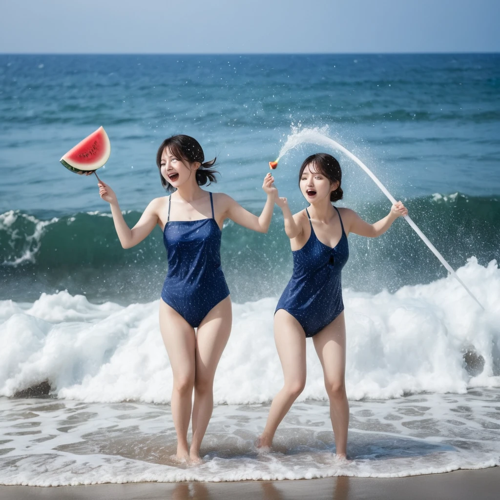 Young Japanese women、Swimwear、Blindfold、Raising the stick、Sea beach、There is a watermelon in front of it、 (water is gushing out), The waves are coming and going