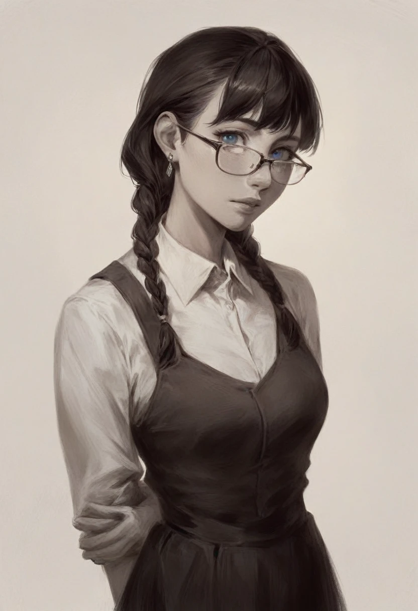 masterpiece,best quality,4K,8K,teenage,monochrome, crosshatching shading, manga art, 1girl,solo,arm behind back,arms at sides,looking at viewer, standing,dark hair, braids,earrings,blue eyes,glasses, collared shirt,long sleeves,black skirt, simple background, upper body,
