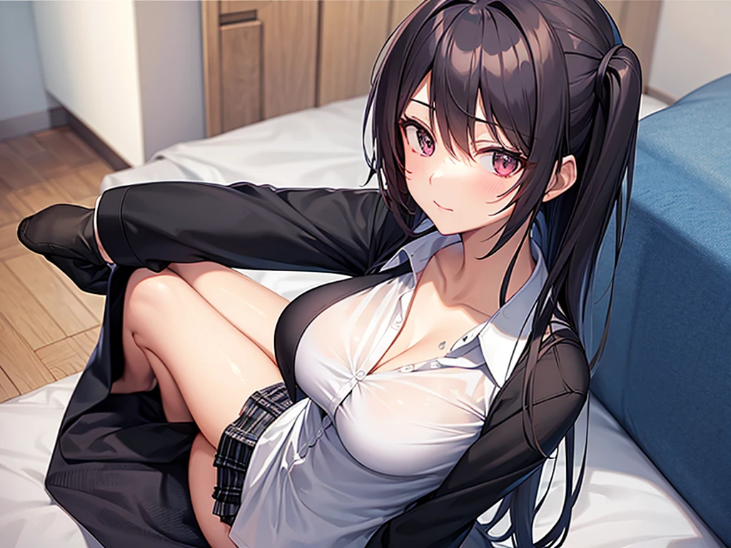 anime　Female college student　A pleasant looking face　Dress shirt　Between the breasts