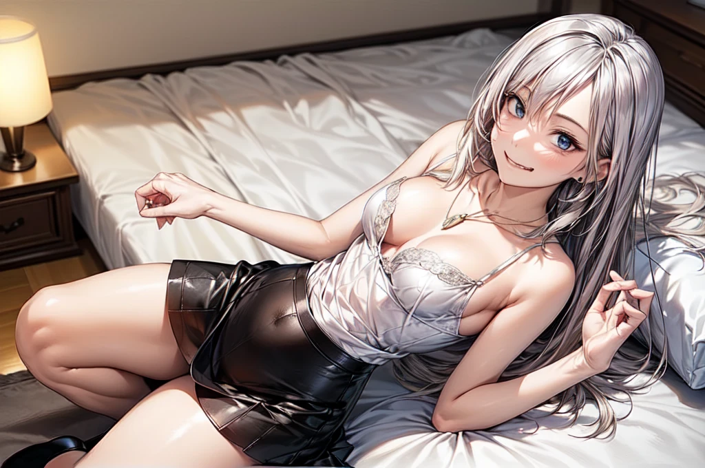 ((Biologically correct limb count and shape))、(( Full-body photo including face))、4K、((Standing position))、masterpiece、((Focus on the face))、((Symmetrical facial features))、Eye for detailed depiction、Beautiful blue-haired woman、Excellent style、Beautiful clavicle、Beautiful feet、Beautiful Hands、Slender body、(Patent leather camisole、flare skirt)、(Black stockings on legs)High heels、Facial detailing、Small earrings、necklace、(Low - Angle)、Silver Hair、((smug face)))、Close-up photo of the upper body、In the middle of changing、Panty shot、Nipples、(Lie down in bed)、最高masterpiece、high quality、Photo-like illustration with white frame、