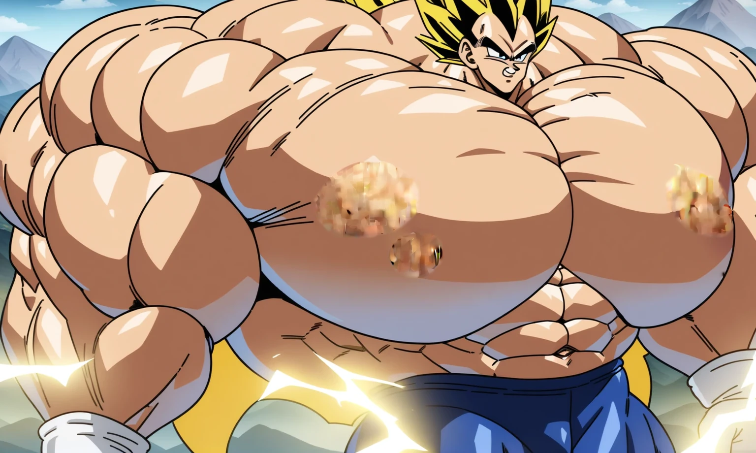 1boy, Vegeta, from Dragon Ball Z, masterpiece, best quality, very aesthetic, absurdres, saiyan, green eyes, spiked hair, (yellow hair:2), shirtless, blue skintight pants, white gloves, (huge muscles:2.5), dragonballartstyle, in the style of Akira Toriyama, outdoors, flat-top mountains, abs, yellow aura, electricity, (remove covered part:2), nipples