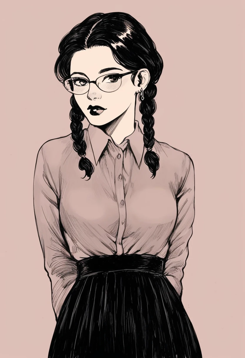 teenage, sp1t, monochrome, hatching shading, 1girl,solo,arm behind back,arms at sides,looking at viewer, standing,dark hair, braids,earrings,,glasses, collared shirt,long sleeves,black skirt, simple background, upper body,