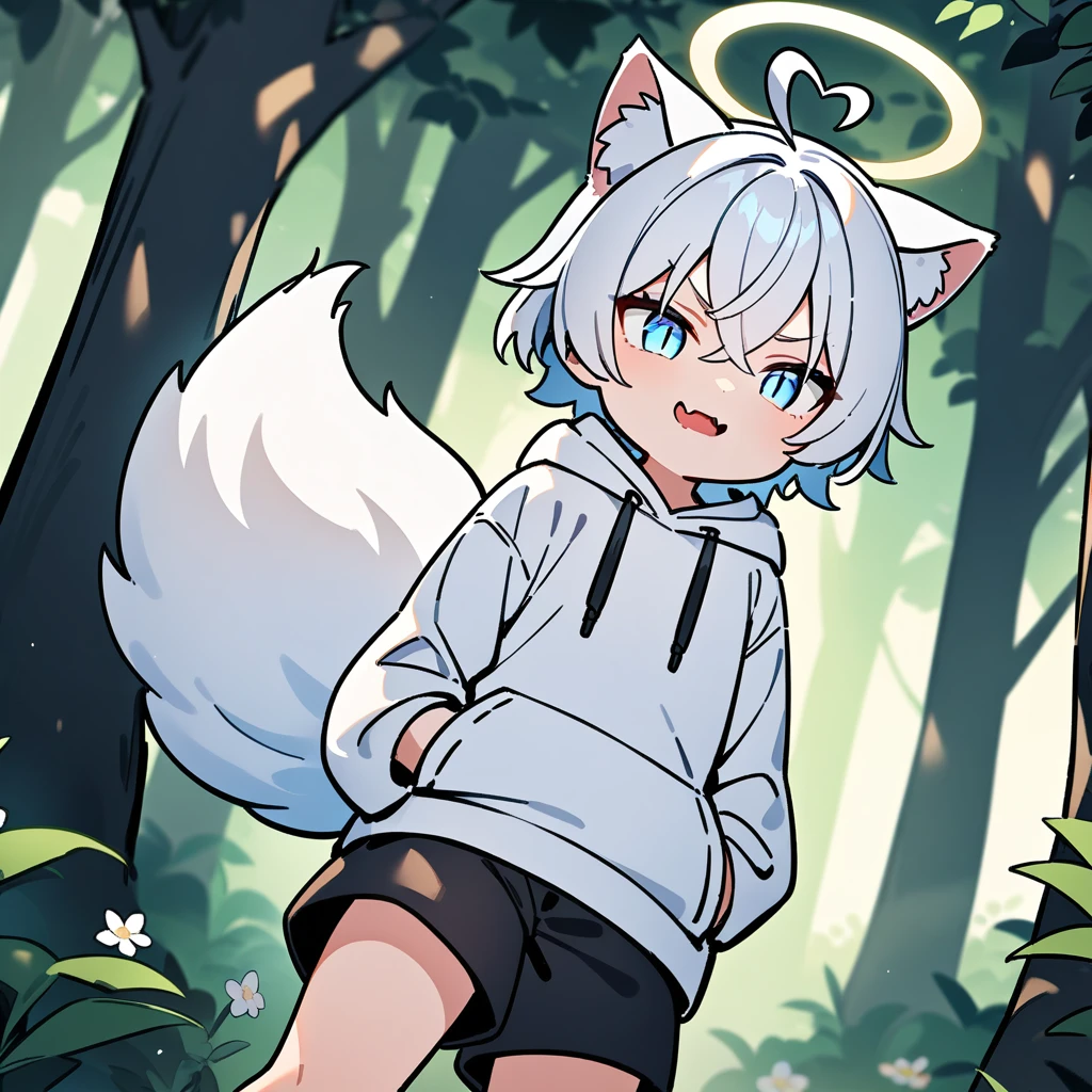 (masterpiece:1.2,high quality),4K,High resolution,A seven-year-old boy,cute boy,white hair,short hair,crossed bangs,light blue eyes,slit pupils,heart ahoge,halo,cat ears,evil smile,skin fang,Wearing a white hoodie,Black shorts,Stand in the forest,There are flowering trees on both sides.,primary school student,thigh,alone,dog tail,(Put your hands in your pockets),((Put your hands in your pockets))