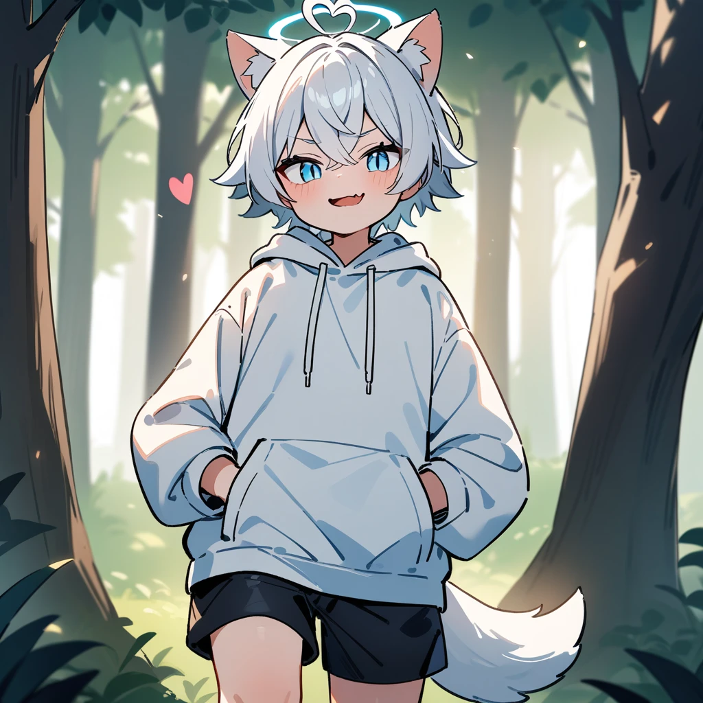 (masterpiece:1.2,high quality),4K,High resolution,A seven-year-old boy,cute boy,white hair,short hair,crossed bangs,light blue eyes,slit pupils,heart ahoge,halo,cat ears,evil smile,skin fang,Wearing a white hoodie,Black shorts,Stand in the forest,There are flowering trees on both sides.,primary school student,thigh,alone,dog tail,(Put your hands in your pockets),((Put your hands in your pockets))