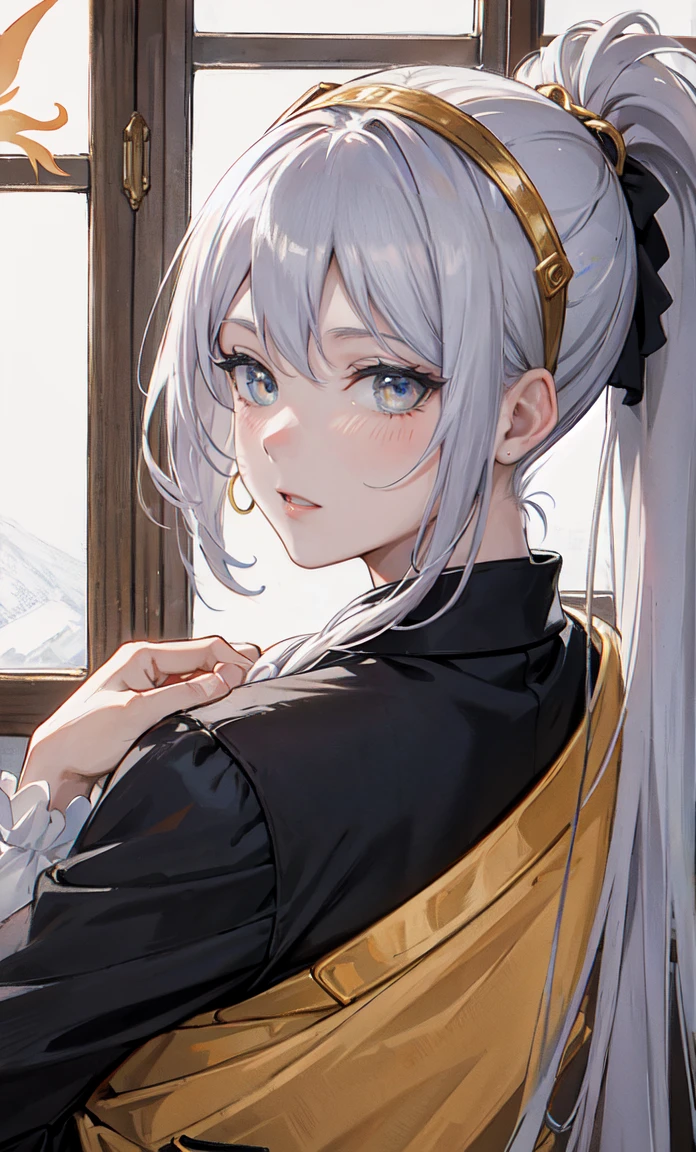 Noble Mansion,(gray hair:2.0),The ponytail is straight and tall.,Gold headband,stand close.,dream world,mature woman,(The phoenix's blue eyes were slender.,lipstick,Long eyelashes),Long eyelashes,contact lens,Gemstone Gold Necklace,(Off-the-shoulder blue fur dress,top of fur pipe,Strapless fur,wide wrist,long skirt,belt:2.0),top of fur pipe(big breast)Ballroom Background,(Soft light and shadow:1.9),High-heeled shoes made of fur,elegant high heels,Detailedly drawn background