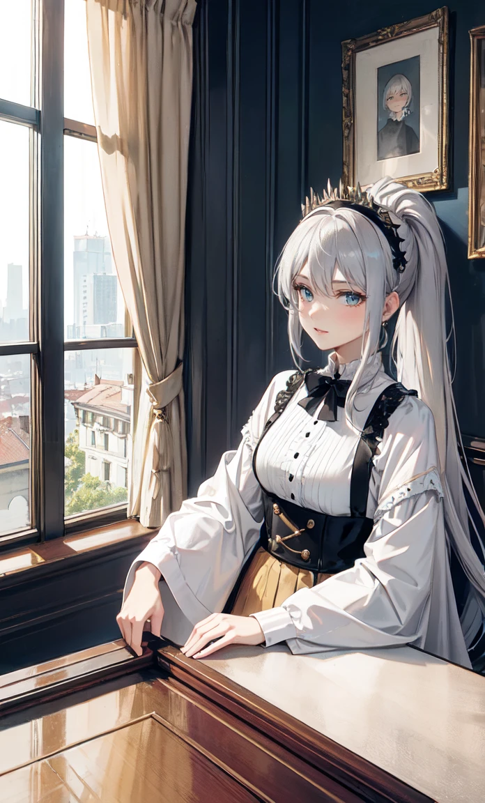 Noble Mansion,(gray hair:2.0),The ponytail is straight and tall.,Gold headband,stand close.,dream world,mature woman,(The phoenix's blue eyes were slender.,lipstick,Long eyelashes),Long eyelashes,contact lens,Gemstone Gold Necklace,(Off-the-shoulder blue fur dress,top of fur pipe,Strapless fur,wide wrist,long skirt,belt:2.0),top of fur pipe(big breast)Ballroom Background,(Soft light and shadow:1.9),High-heeled shoes made of fur,elegant high heels,Detailedly drawn background