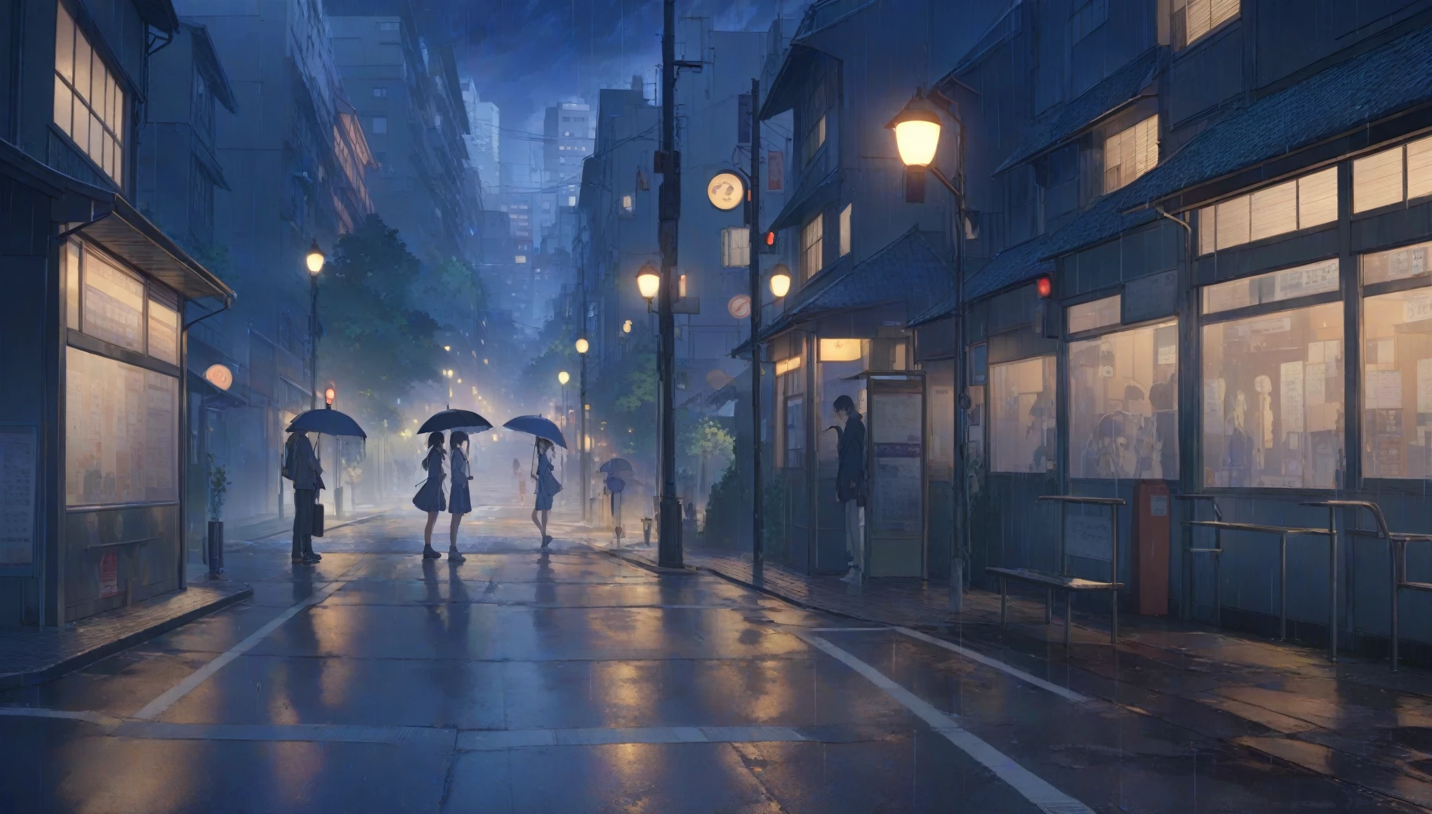A drizzling street corner, under dim dusk null, Wet asphalt, bus stop, high school student, The girl is wet from the rain, Smiling innocently, The boy runs to pick up the girl, Offer an umbrella to a girl, buildings and street lights in background with details as seen in Makoto Shinkai's works, bus stop, PEAnimeBG, City Street, landscape, background, animation, null, masterpiece, High resolution, 4K Acetate, detailed
