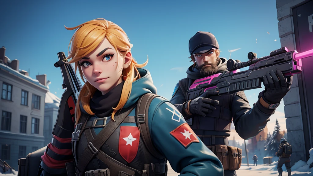 create a unique Fortnite character with shotgun for Russia with there flag in background
