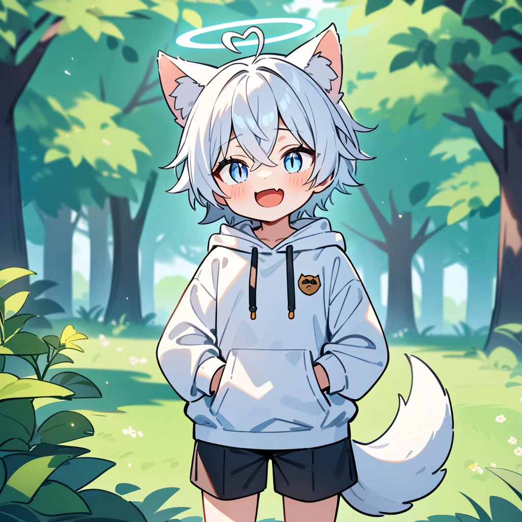 (masterpiece:1.2,high quality),4K,High resolution,A seven-year-old boy,cute boy,white hair,short hair,crossed bangs,light blue eyes,slit pupils,heart ahoge,halo,cat ears,laughing,skin fang,Wearing a white hoodie,Black shorts,Stand in the forest,There are flowering trees on both sides.,primary school student,thigh,alone,dog tail,(Put your hands in your pockets),((Put your hands in your pockets))