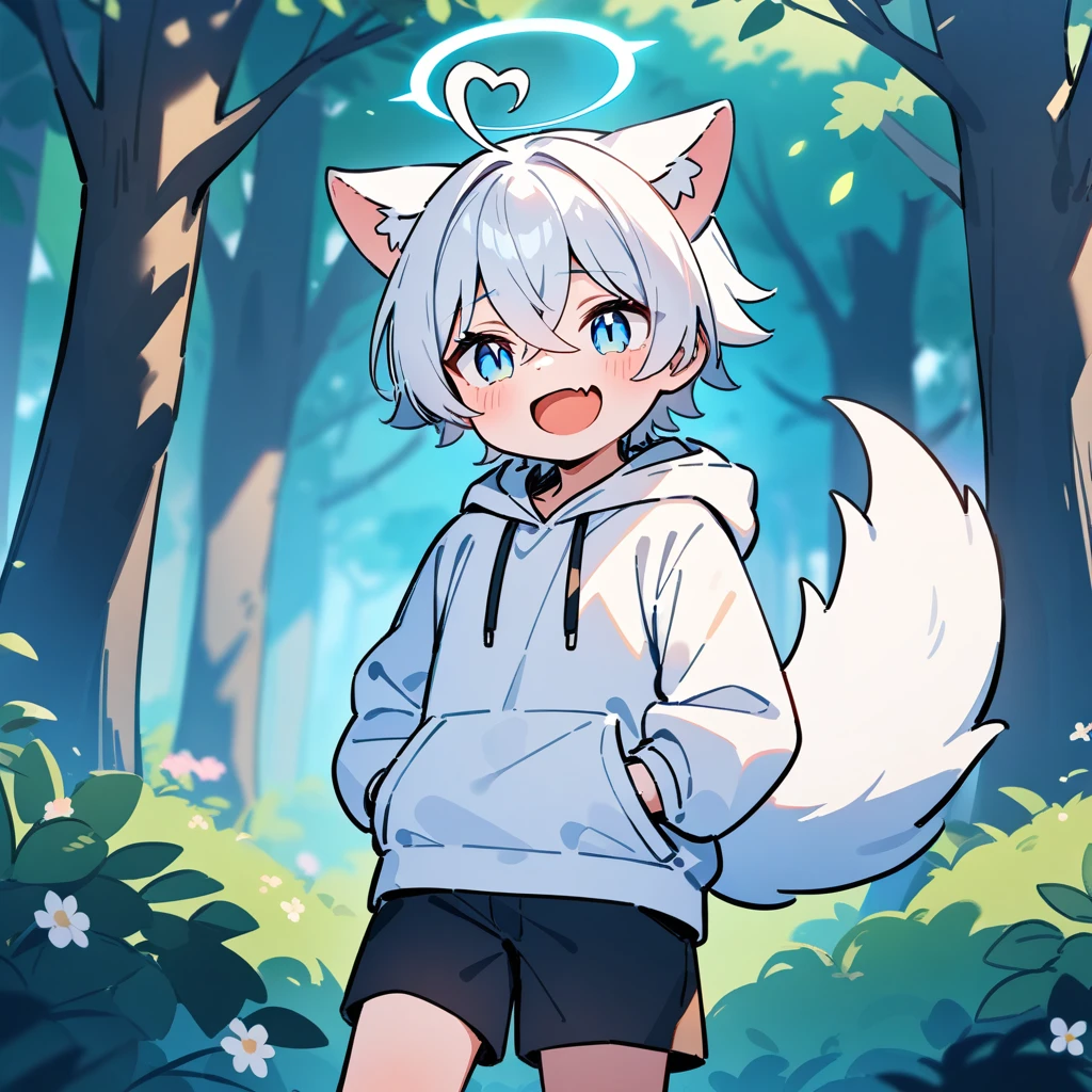 (masterpiece:1.2,high quality),4K,High resolution,A seven-year-old boy,cute boy,white hair,short hair,crossed bangs,light blue eyes,slit pupils,heart ahoge,halo,cat ears,laughing,skin fang,Wearing a white hoodie,Black shorts,Stand in the forest,There are flowering trees on both sides.,primary school student,thigh,alone,dog tail,(Put your hands in your pockets),((Put your hands in your pockets))