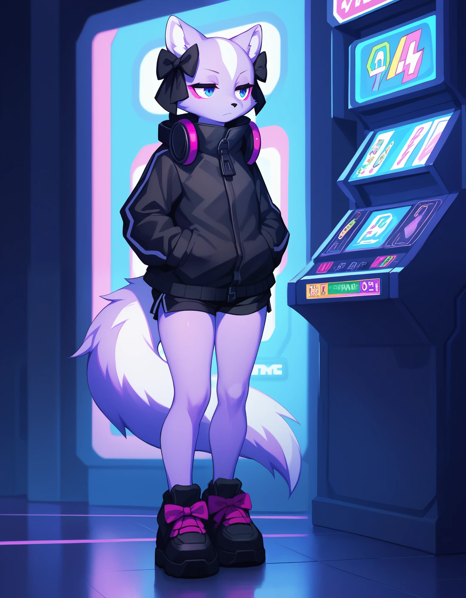 Solo, score_9,score_8_up, score_7_up, Shikabane, furry body,  jitome, eyes half open, magenta eyeliner, wearing black jacket, black short shorts, black shoes, in an arcade, looking around curious expression, standing