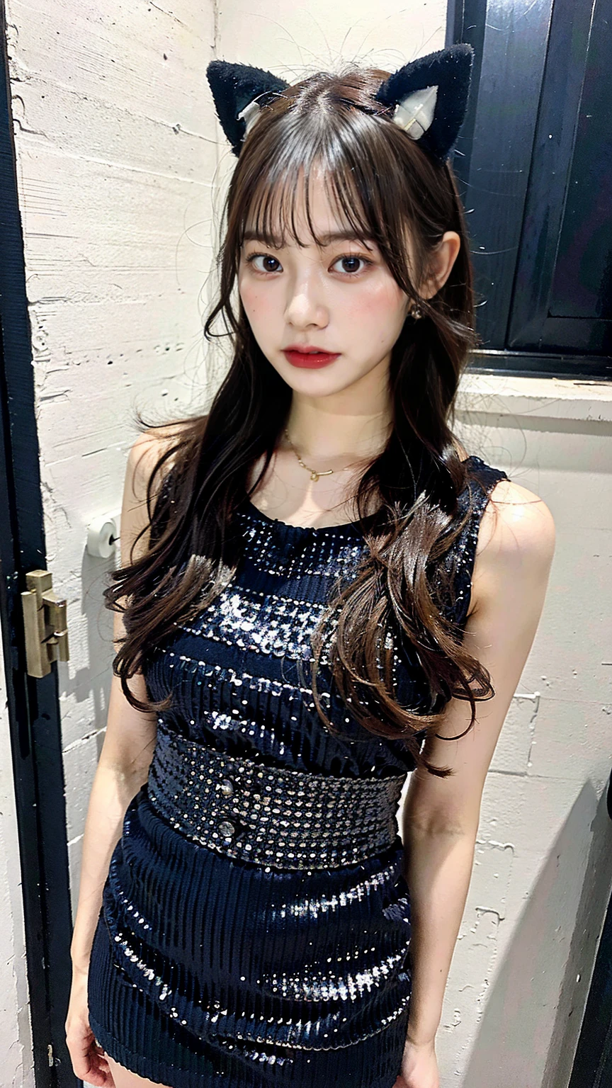 Arape stands in a navy blue sequin dress and high heels, He has black horns on his head, Knee socks and skirt, Pantyhose Tights, Beautiful feet, Asian Girl, Beautiful legs, Beautiful face with arms and legs, Long legs