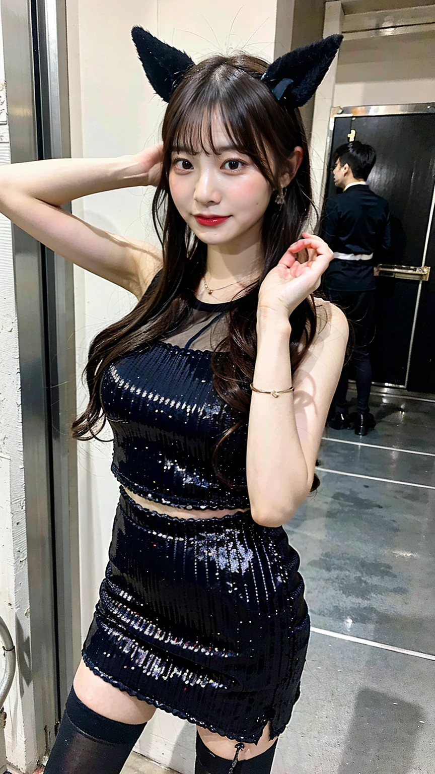Arape stands in a navy blue sequin dress and high heels, He has black horns on his head, Knee socks and skirt, Pantyhose Tights, Beautiful feet, Asian Girl, Beautiful legs, Beautiful face with arms and legs, Long legs