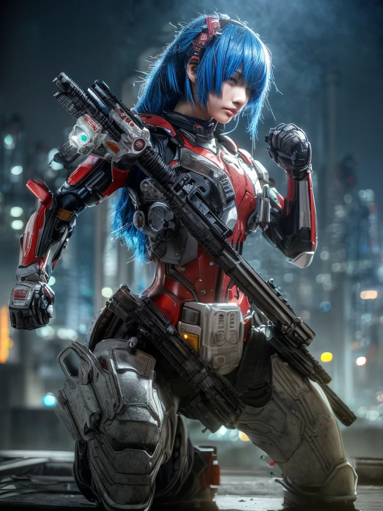 (top-quality:1.2, masterpiece), ultra high resolution, (Photorealsitic:1.4),, (bird-type mechanical heavy armor), (mechanical armor:1.3), light red base with silver and bronze accent, 1 Japanese female soldier, extremely realistic face, (blue hair), ((ultimately intricate all details)), (whole body picture), realistic shadow, octan render, 8K, ultrasharp, character edge light, Details of complex ornaments, Hydraulic cylinder, power cable, dystopia with a beautiful view at night,