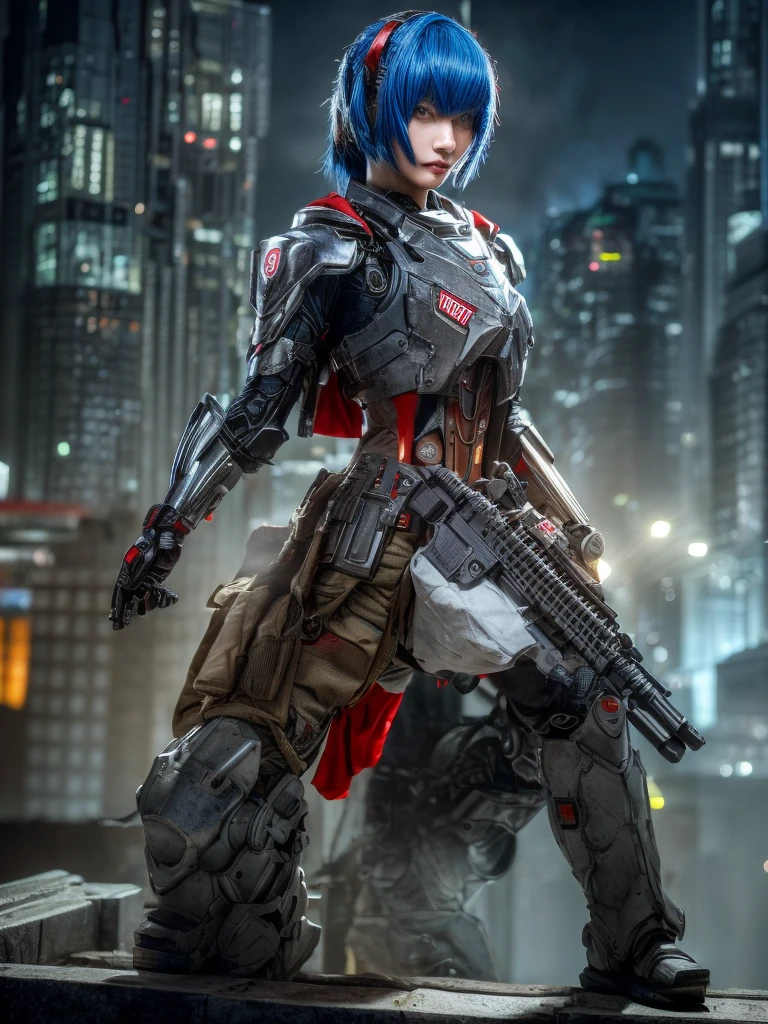 (top-quality:1.2, masterpiece), ultra high resolution, (Photorealsitic:1.4),, (bird-type mechanical heavy armor), (mechanical armor:1.3), light red base with silver and bronze accent, 1 Japanese female soldier, extremely realistic face, (blue hair), ((ultimately intricate all details)), (whole body picture), realistic shadow, octan render, 8K, ultrasharp, character edge light, Details of complex ornaments, Hydraulic cylinder, power cable, dystopia with a beautiful view at night,