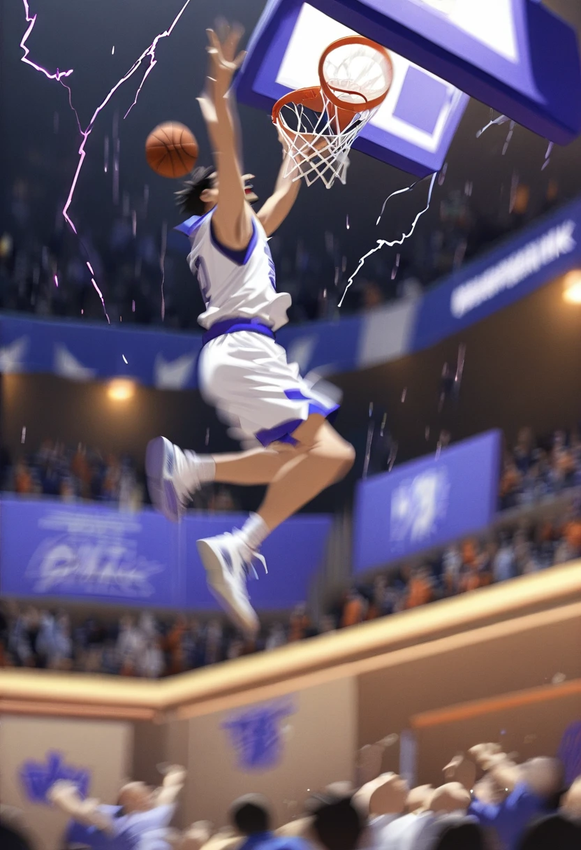 Male professional basketball player dunks in air, another player is jumping for defense in same time, close up goal, dunk shot, SLAM DUNK, Dynamic Motion Blur, lightning, (board displayed "0.1":1.4), The crowd gets excited in the dimly lit match venue, (masterpiece, best quality, super detailed)