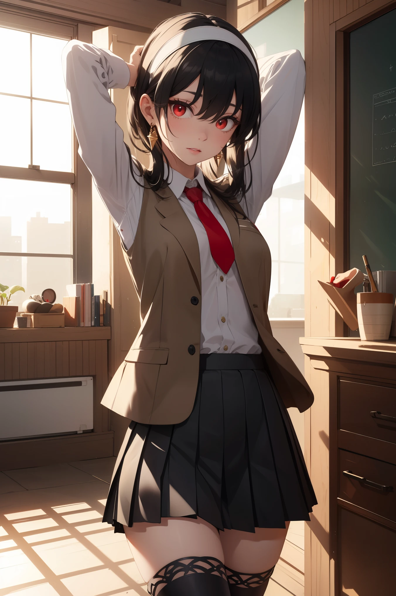 bbyorf, short hair with long locks, white hairband, ((red eyes:1.5)), gold earrings,
BREAK (school uniform, white shirt, brown vest, long sleeves, red necktie, pleated skirt, black skirt, white thighhighs, loafers:1.2),
BREAK arms up,armpit, sweating,
BREAK (masterpiece:1.2), best quality, high resolution,NSW ,unity 8k wallpaper, (illustration:0.8), (beautiful detailed eyes:1.6), extremely detailed face, perfect lighting, extremely detailed CG, (perfect hands, perfect anatomy),
