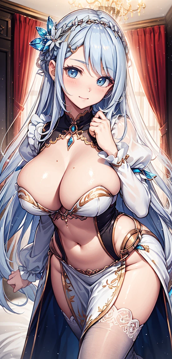 saint，Enchanted，Have fun，in love，(white dress)，silver hair，E Blue Eyes，Decoration of saint，elaborate costume，bedroom，Solo person，nighttime，transparent clothing,gorgeous jewelry，crystal hair accessories，rift，pubis，，transparent，(Luxurious shine）、((y sleeves))、Long wrist，Show your navel，white embroidery,big w your breasts,The cra clear....,((big tits))，(กระดูกpubi, visible chest,seductive pose
