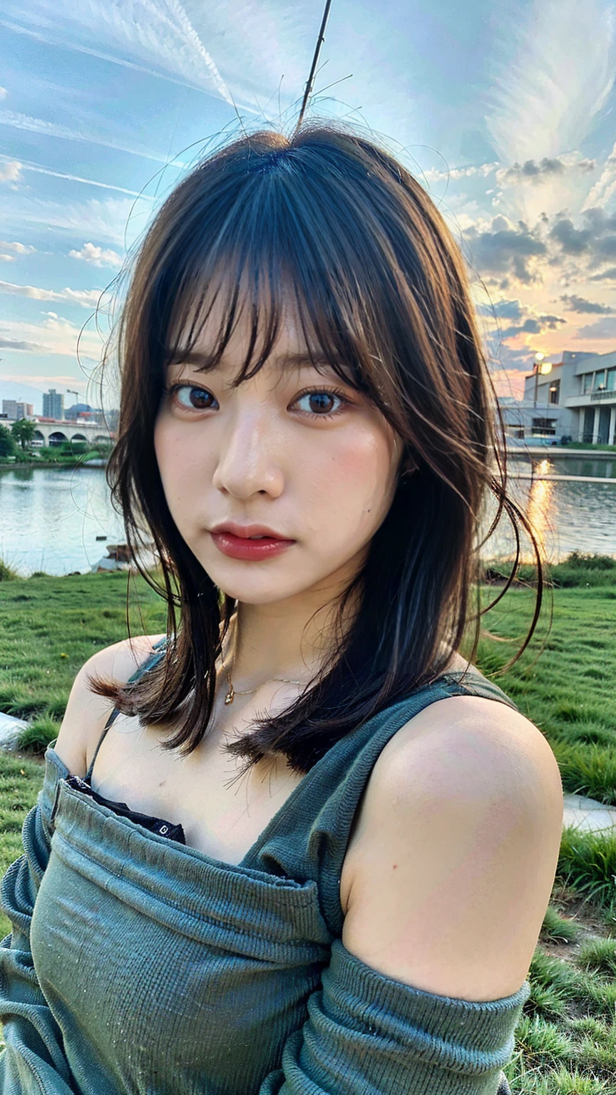 Highest quality, masterpiece, Ultra-high resolution, (realism: 1.4), Original photo, One girl, Green Eyes, Off the shoulder, Cinema Lighting, Blue Hair, At sunset