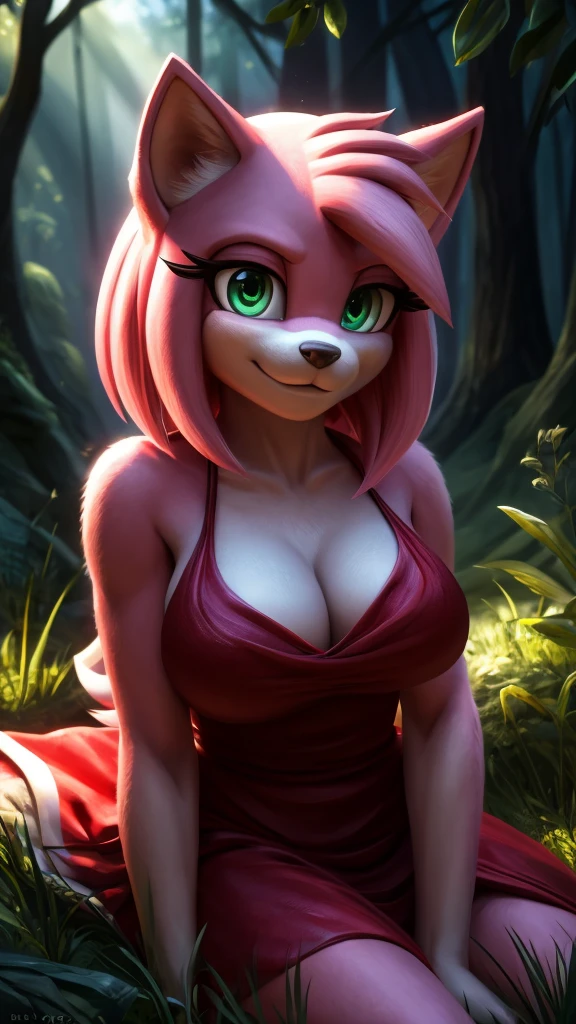 (mature:1.2) Style-Princess, ultra detailed, perfect face, sexy face, expressive eyes, FurAffinity furry female, antromorfic, , sweet smile, gentle look, blush, solo, long pink hair, green eyes, slender body, red dress white parts, large breasts, fur pink, pink skin, sitting on the grass, posing, looking at the viewer, forest clear open sky background, , 3nid_14, masterpiece, best quality, highest quality, cinematic lighting, (volumetric lighting), extremely detailed CG unity 8k wallpaper, focused, 8k wallpaper, 4k wallpaper, extremely detailed, ultra realistic, photorealistic, sharp focus, absurd res, (HDR:1.2), (high contrast), photograph, detailed and intricate, instagram, portrait, highly detailed, digital painting, art station, concept art, smooth, sharp focus, illustration, cinematic lighting, amy rose,