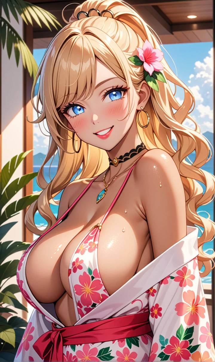 ultra-detailed, ((one girl)), ((tan skin:1.3)), in pastel colors gyaru, (heavy makeup),  hyper detailed, absurdres, 8k, Beautiful Face, ((cheerful Smile:1.3)), ((teasing smile:1.2)), ((sweat)), ((Wink:1.5)), (Laugh with your mouth wide open),((Tilt your face:1.6)), (professional lighting), View your viewers, ((Bright red cheeks:1.6)),Glossy Red Lips, ((huge breasts:1.3)), ((undressing:1.2)),((Touching the chest)), pink nipple, noon, summer, Luxury hotel with sea view, Foliage plant, ((Anime style background)),masterpiece, Highest quality, so beautiful,Latest, Complex details, ((Long neon pink nails)), (nail art), (ring),(bracelet), (Floral Choker),AI-generated, Complex,High resolution, Highest quality, super high quality,3D Images、3D Images,One person,Blonde long hair,(High Ponytail), (wavy hair:1.3), Blonde anime woman posing for a photo, ((Fine grain、blue eyes、glowing eyes:1.3)), (Squint your eyes:1.1),a hyperRealistic , hyperRealistic , Realistic,Anime woman with long pastel yellow hair, Smooth anime CG art, A girl in a gorgeous pastel-colored kimono,  ((Pastel-colored furisode)),(Pink large floral pattern), (side boob), Long flower hair ornament,big hoop earrings, Mature Body, tall,Narrow waist,((looking forward:1.2)),  front view, ((upper body)),