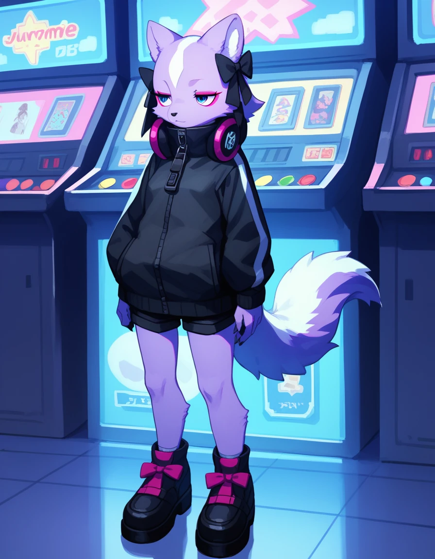 Solo, score_9,score_8_up, score_7_up, kemono style, Shikabane, furry body,  jitome, eyes half open, magenta eyeliner, wearing black jacket, black short shorts, black shoes, in an arcade, looking around curious expression, standing, 