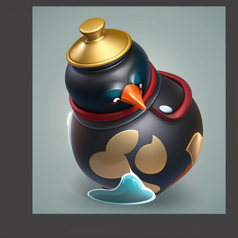 A cartoon character of a black and gold pot with a red handle, Fat Penguin Unified Assets, Stylized game art, Stylized shadows, Smooth Shadows, Stylized art, Stylized Painting, Stylized 3D, Stylized game icons, 3d icons for mobile games, stylized concept art, Game Icon Assets, A bottle of health potion, Smooth light shadows